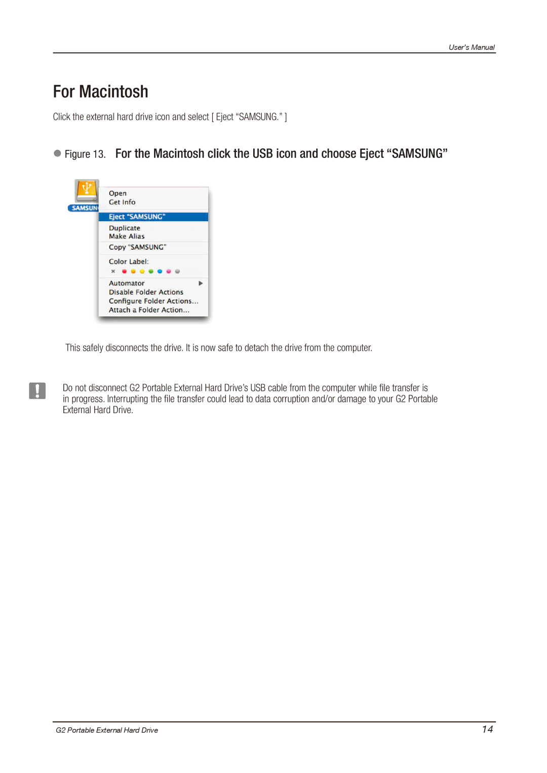 Samsung HX-MU025DC user manual For Macintosh, Click the external hard drive icon and select Eject Samsung 