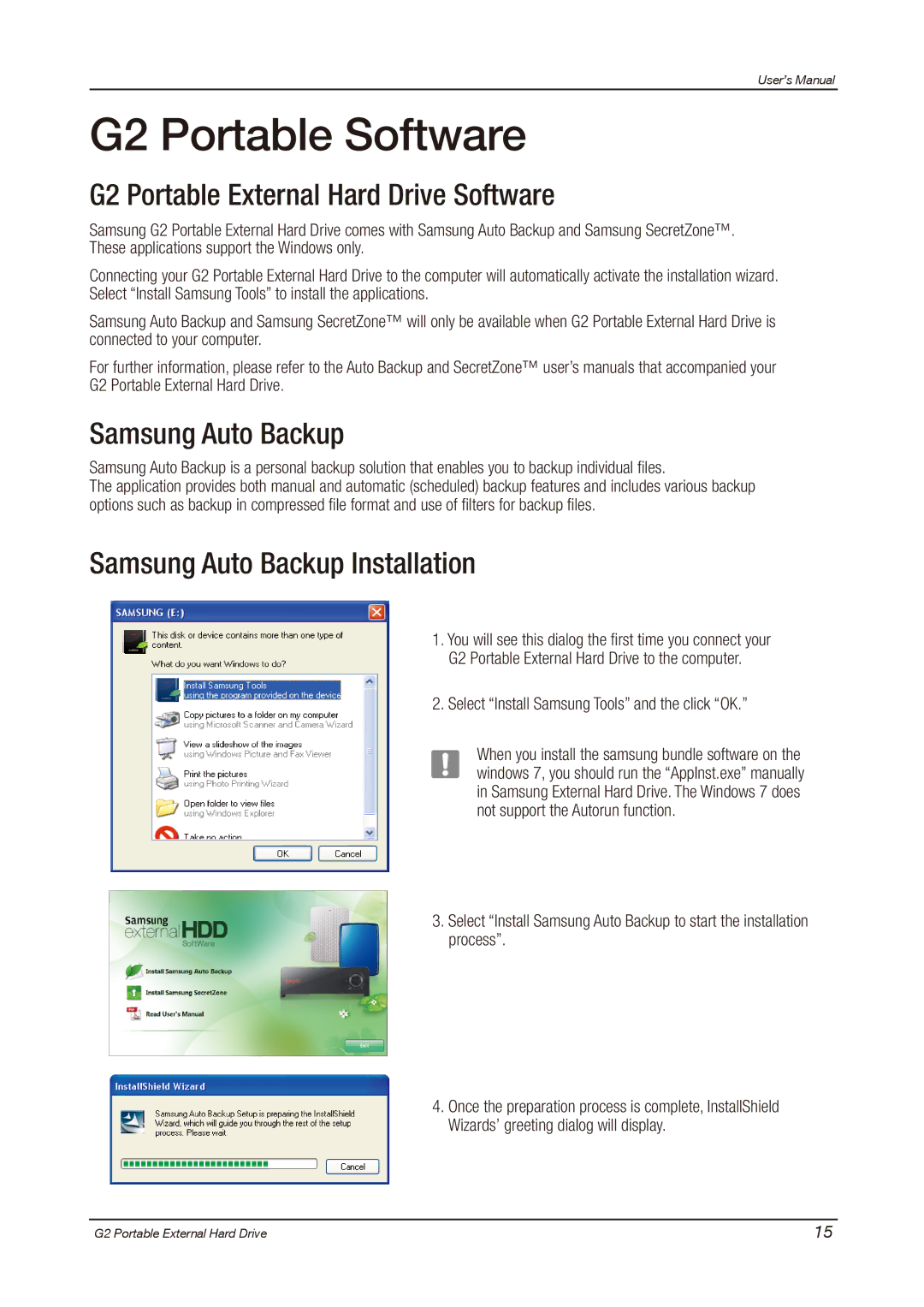 Samsung HX-MU025DC user manual G2 Portable Software, G2 Portable External Hard Drive Software, Samsung Auto Backup 