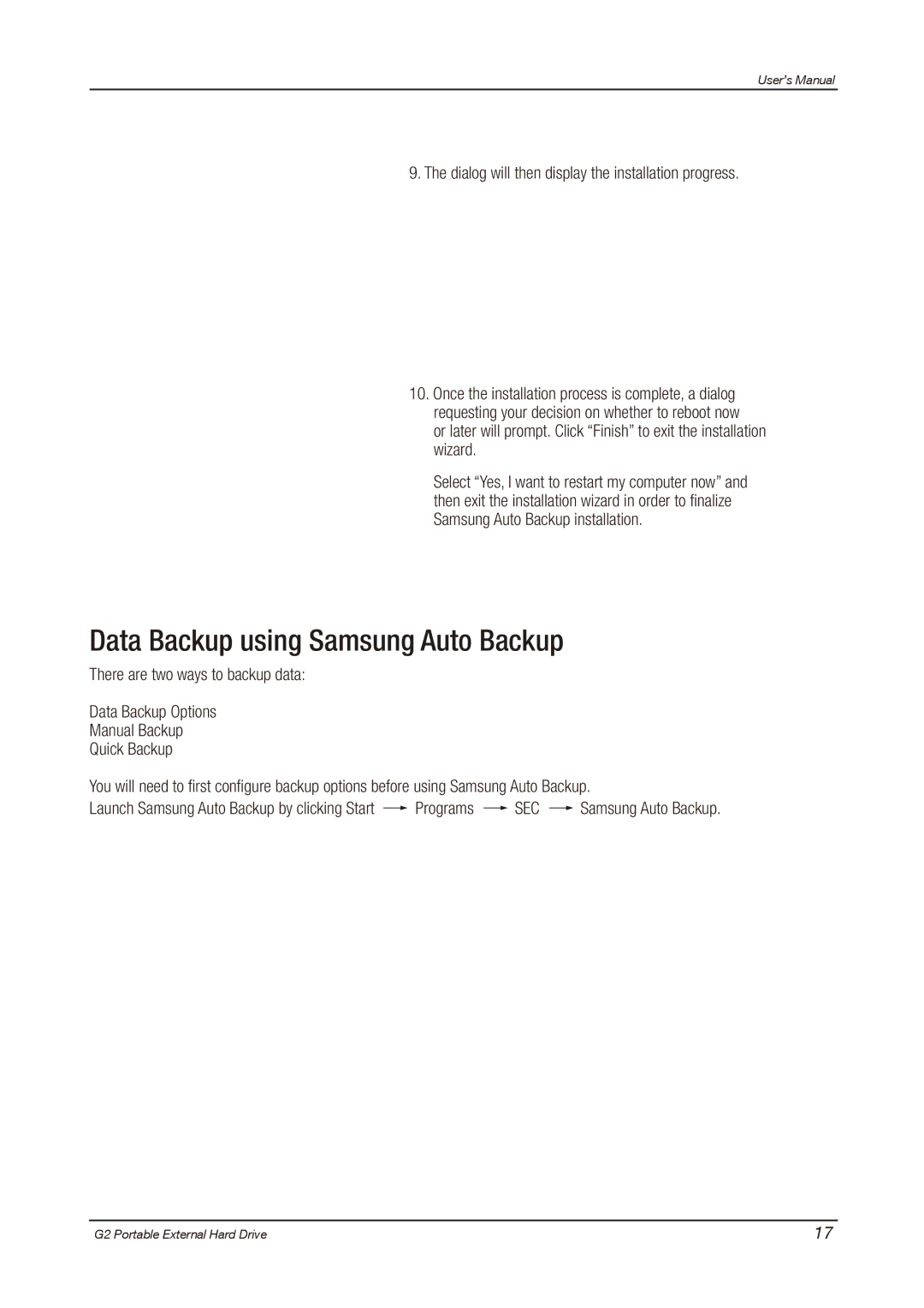 Samsung HX-MU025DC user manual Data Backup using Samsung Auto Backup, Dialog will then display the installation progress 