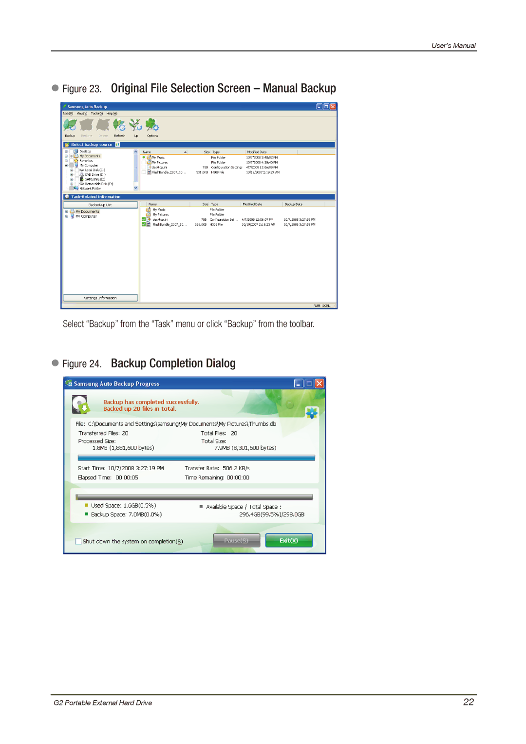 Samsung HX-MU025DC user manual Original File Selection Screen Manual Backup 