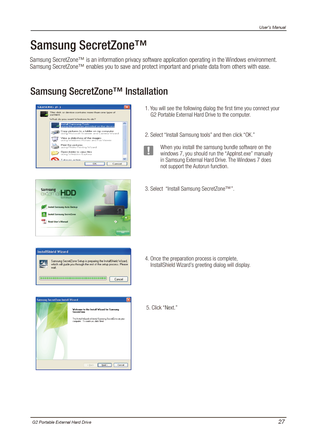 Samsung HX-MU025DC user manual Samsung SecretZone Installation, Select Install Samsung tools and then click OK 