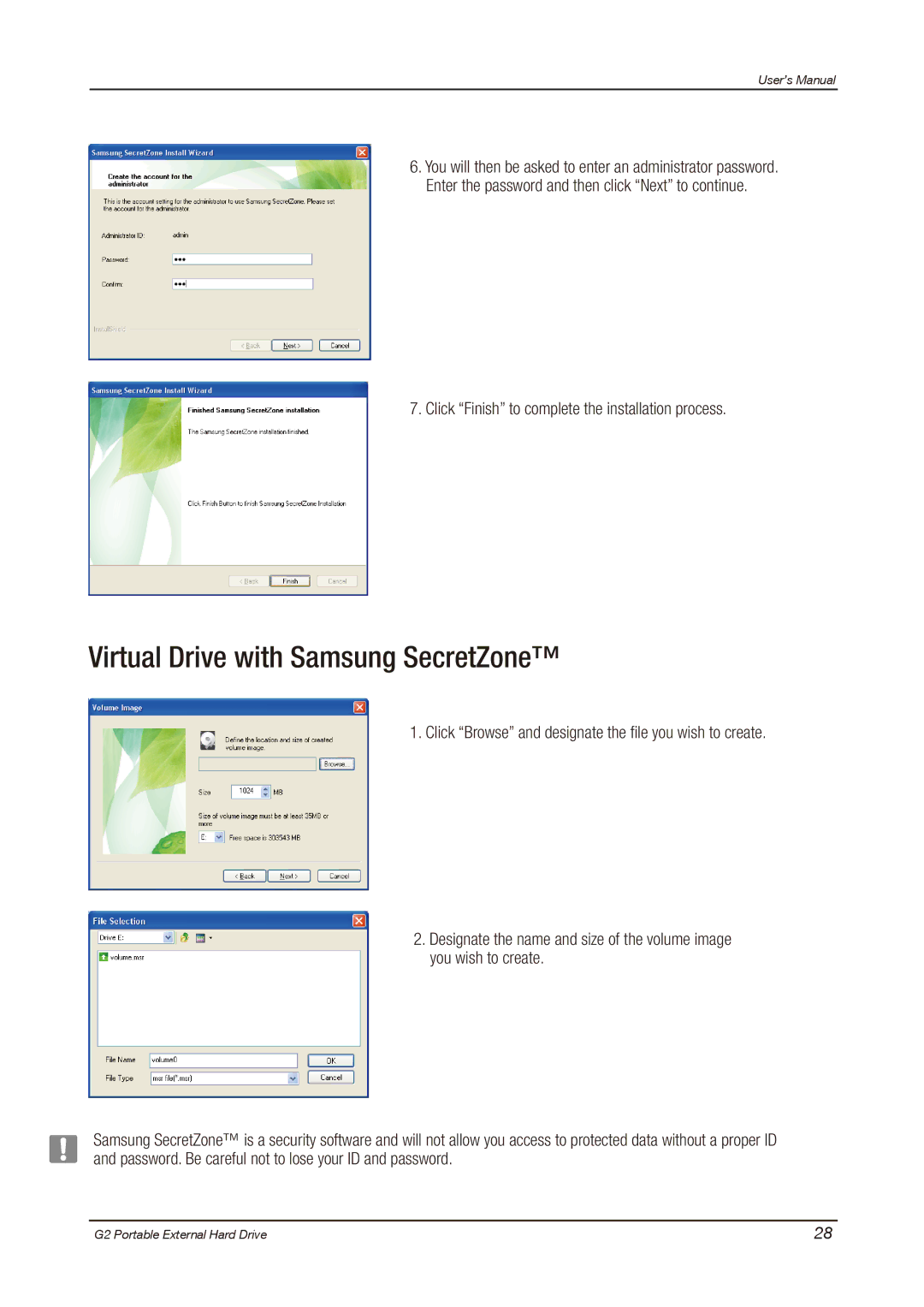 Samsung HX-MU025DC user manual Virtual Drive with Samsung SecretZone, Click Finish to complete the installation process 