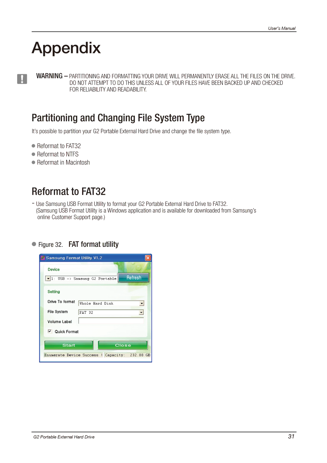 Samsung HX-MU025DC user manual Appendix, Partitioning and Changing File System Type, Reformat to FAT32 