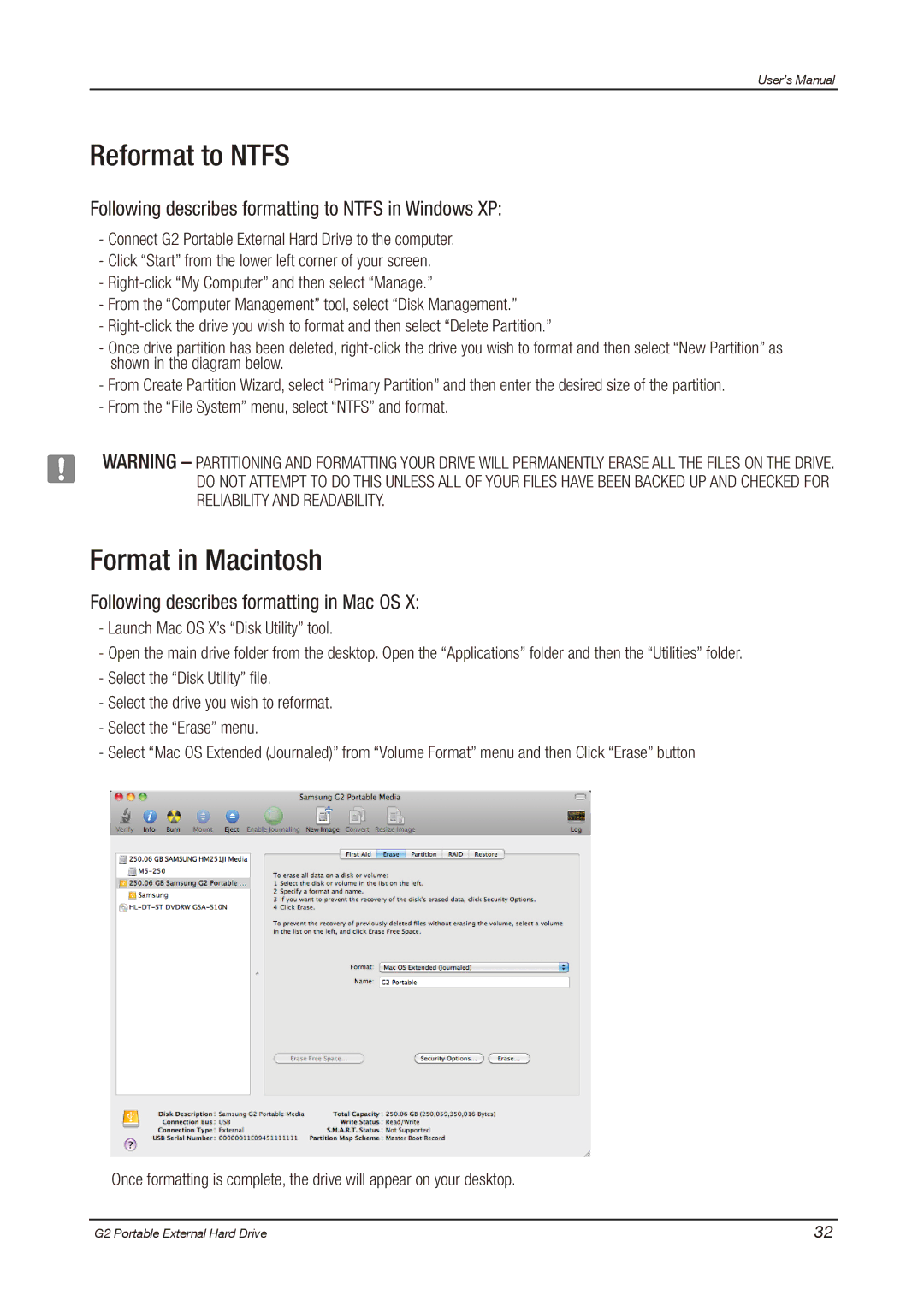 Samsung HX-MU025DC user manual Reformat to Ntfs, Format in Macintosh 