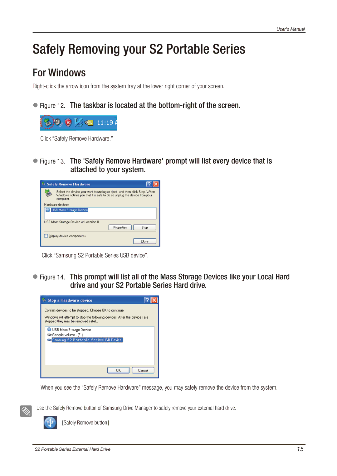 Samsung S2 PORTABLE 3.0, HXMU016DA user manual Safely Removing your S2 Portable Series, For Windows 