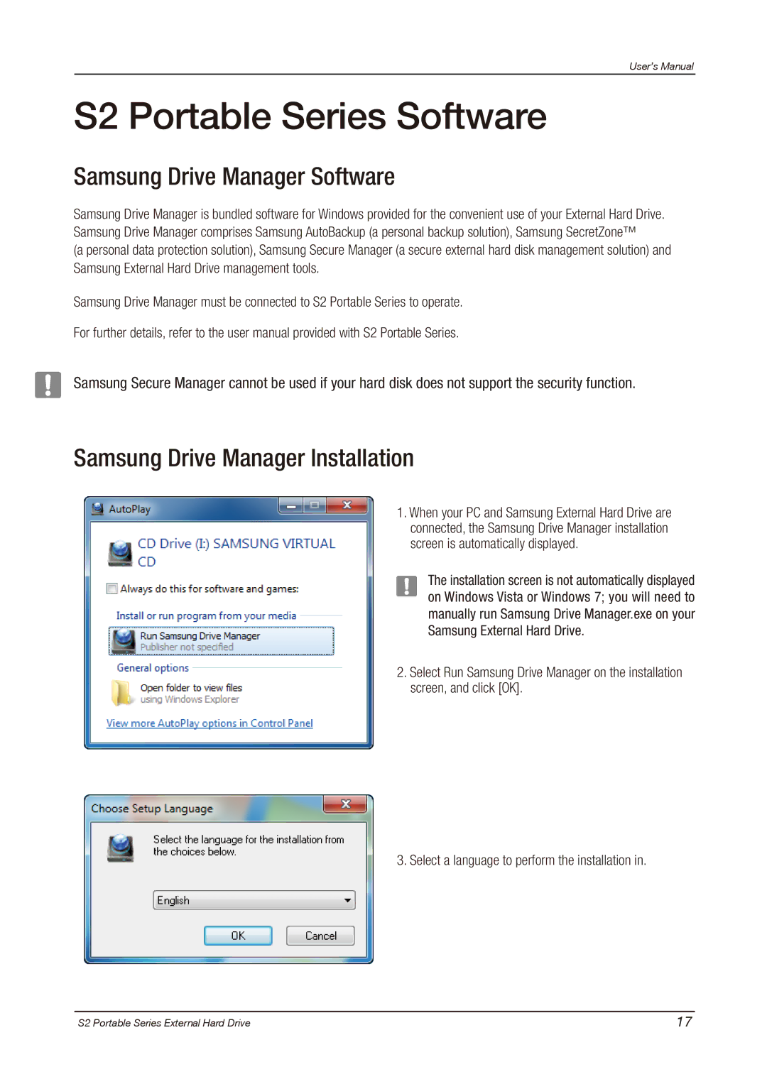 Samsung S2 PORTABLE 3.0 S2 Portable Series Software, Samsung Drive Manager Software, Samsung Drive Manager Installation 