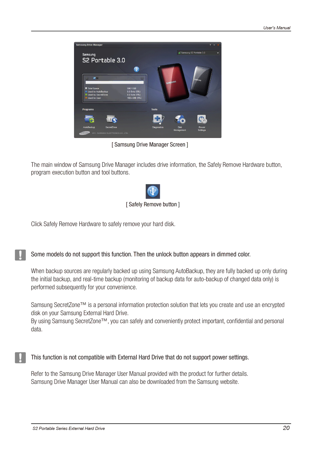 Samsung HXMU016DA, S2 PORTABLE 3.0 user manual Samsung Drive Manager Screen 