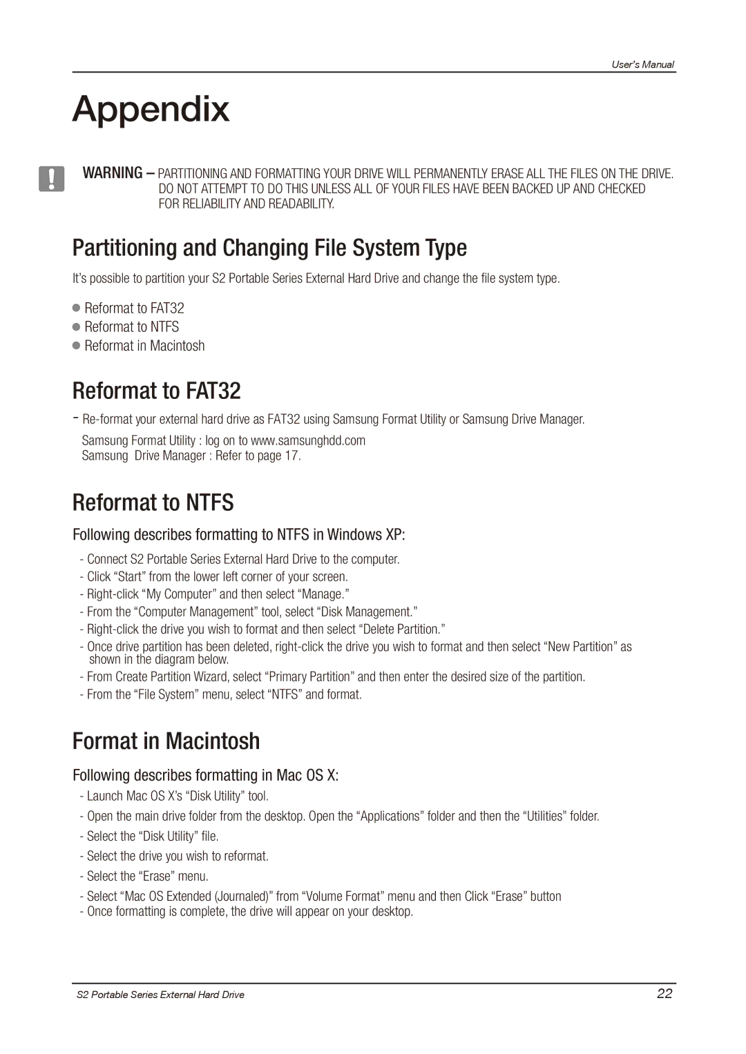 Samsung HXMU016DA user manual Appendix, Partitioning and Changing File System Type, Reformat to FAT32, Reformat to Ntfs 