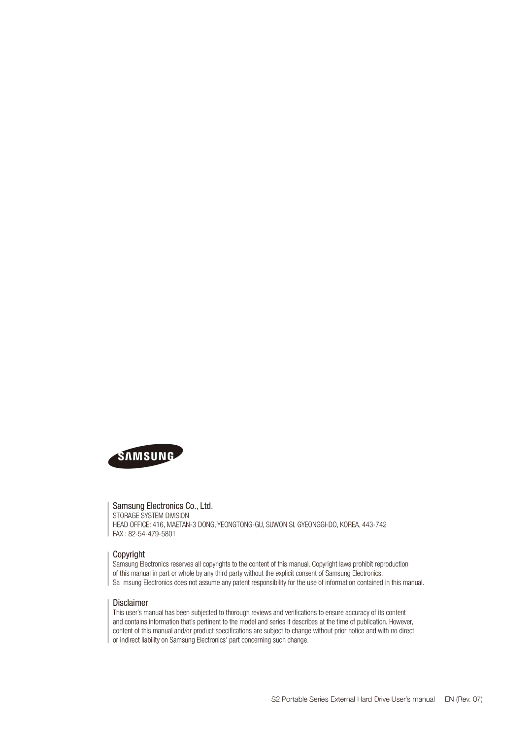 Samsung S2 PORTABLE 3.0, HXMU016DA user manual Copyright 