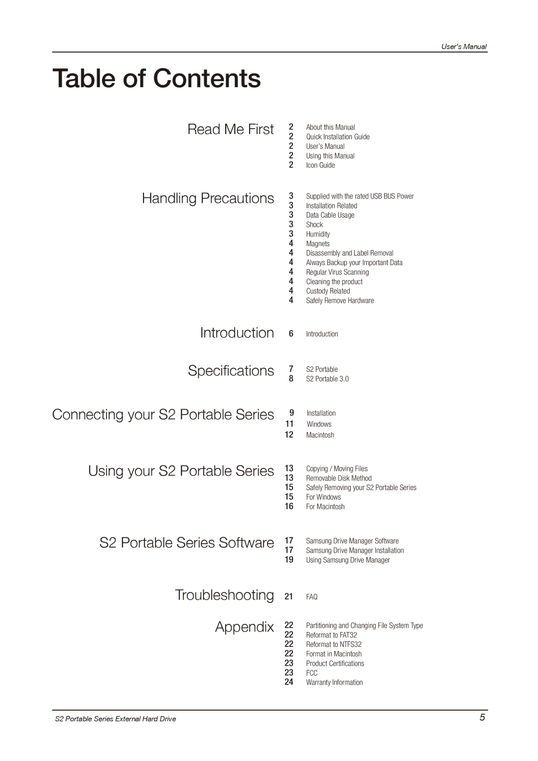 Samsung S2 PORTABLE 3.0, HXMU016DA user manual Table of Contents 