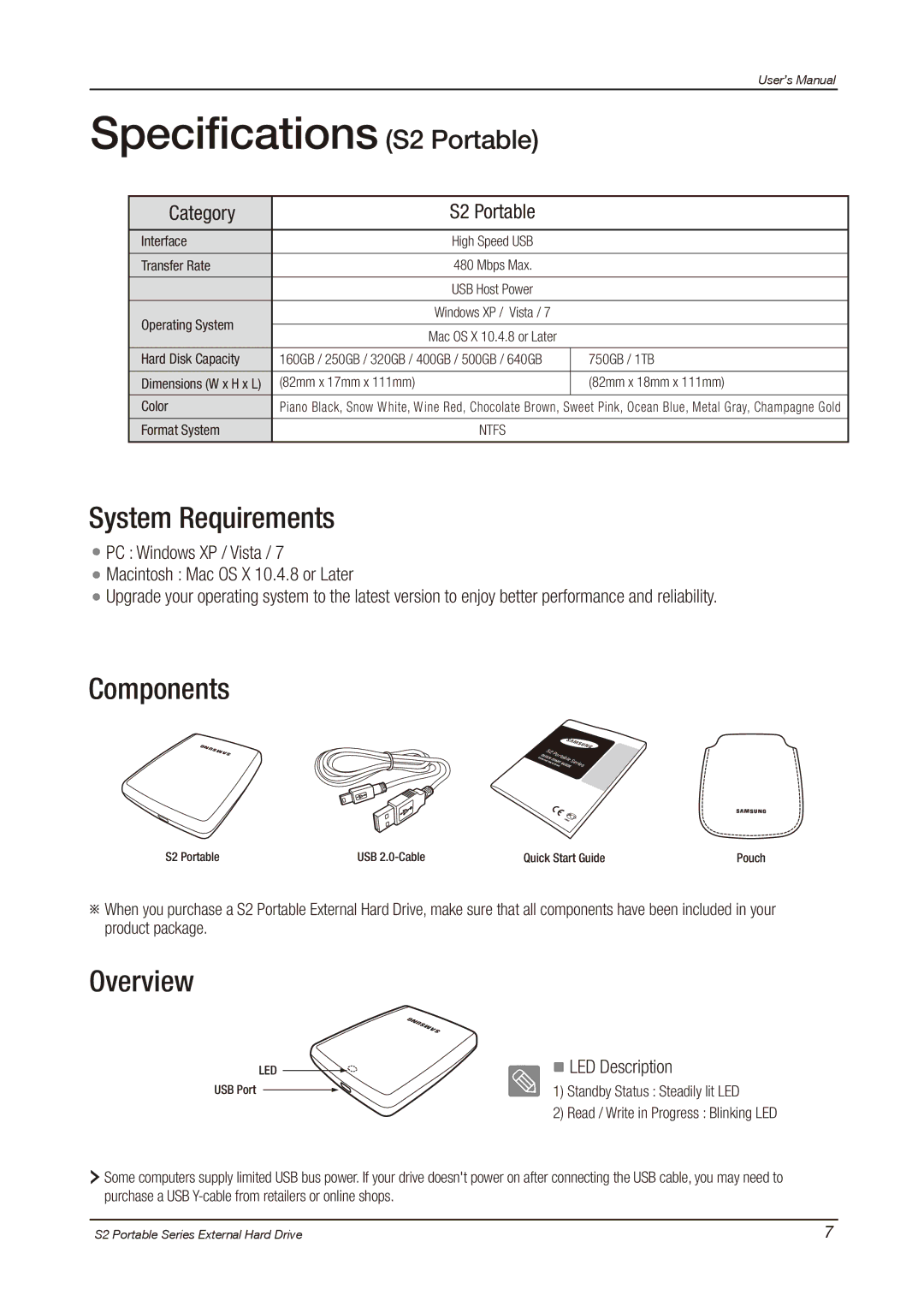 Samsung S2 PORTABLE 3.0, HXMU016DA user manual Specifications S2 Portable, System Requirements, Components, Overview 