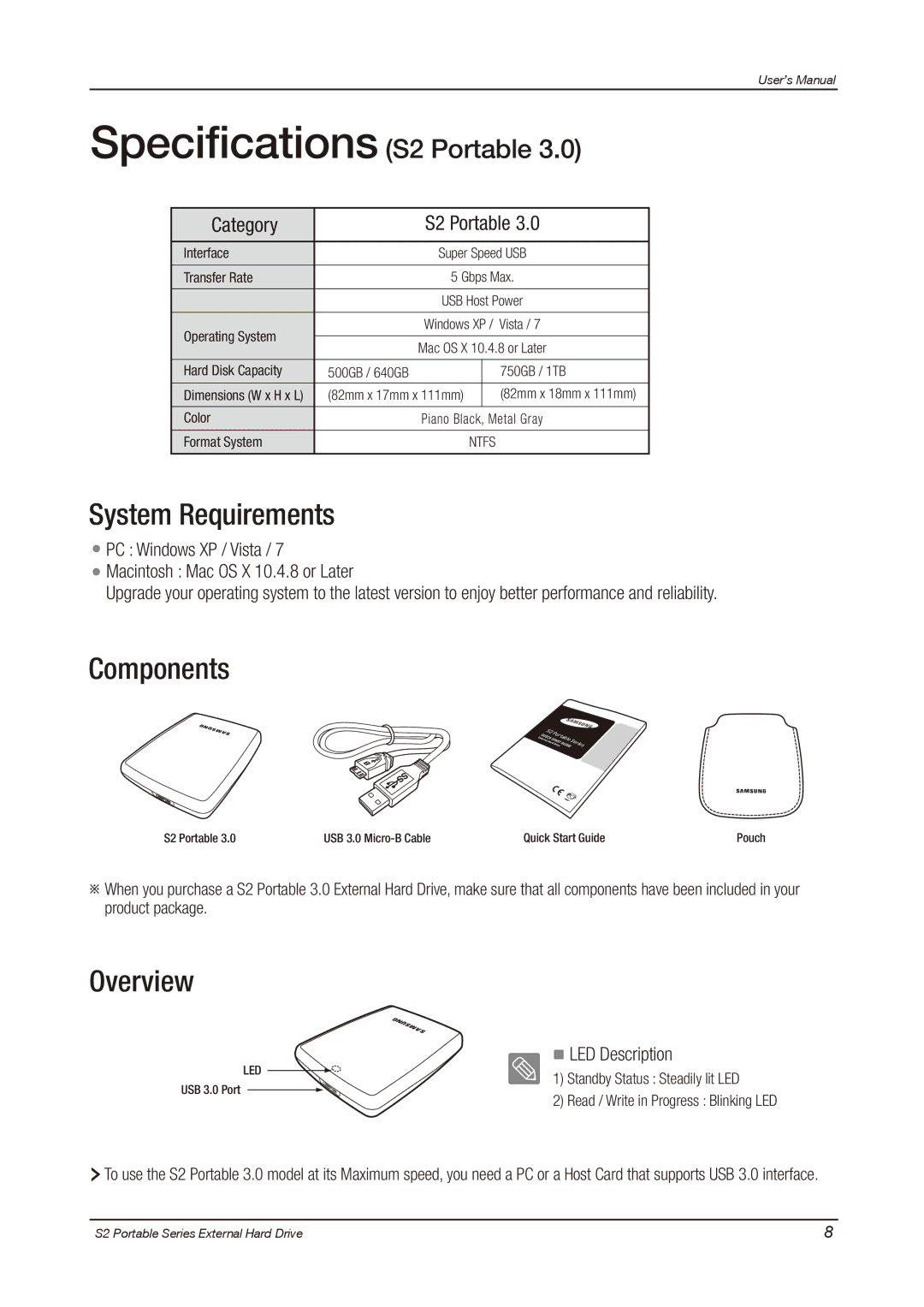 Samsung HXMU016DA, S2 PORTABLE 3.0 user manual Specifications S2 Portable 