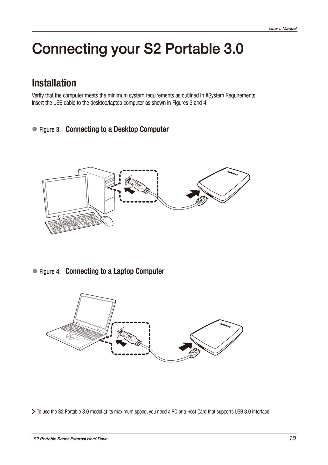Samsung HXMU016DA user manual Connecting your S2 Portable, Installation, Connecting to a Desktop Computer, User’s Manual 