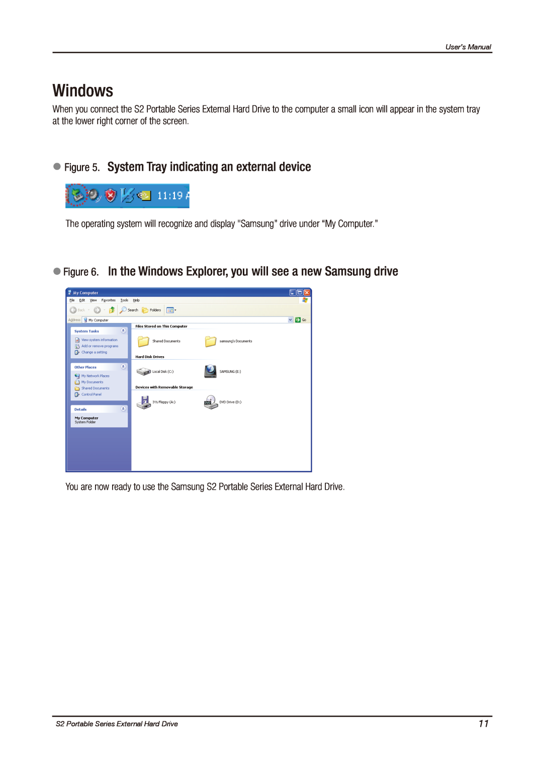 Samsung S2 PORTABLE 3.0, HXMU016DA user manual Windows, System Tray indicating an external device 
