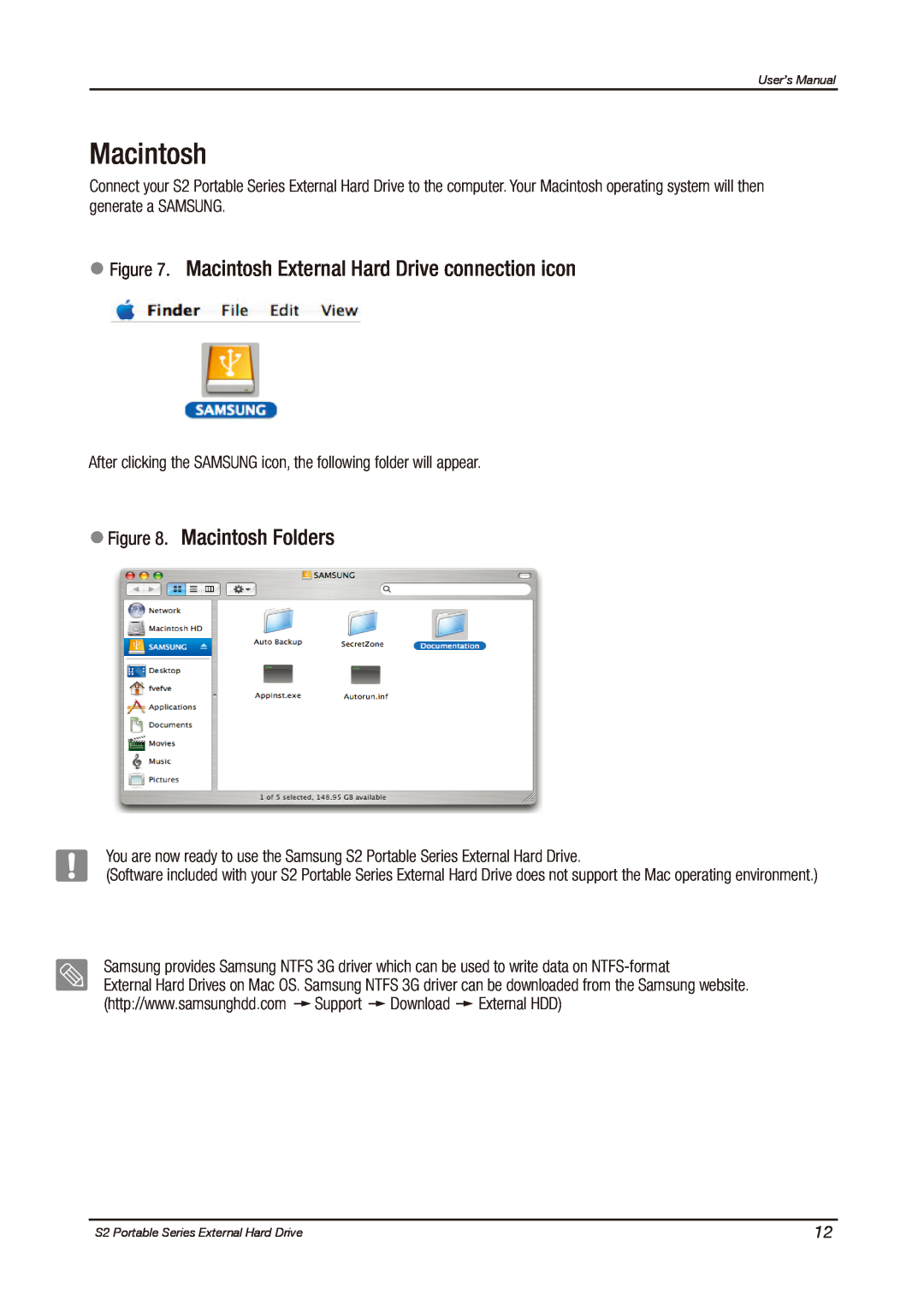 Samsung HXMU016DA, S2 PORTABLE 3.0 user manual Macintosh External Hard Drive connection icon, Macintosh Folders 