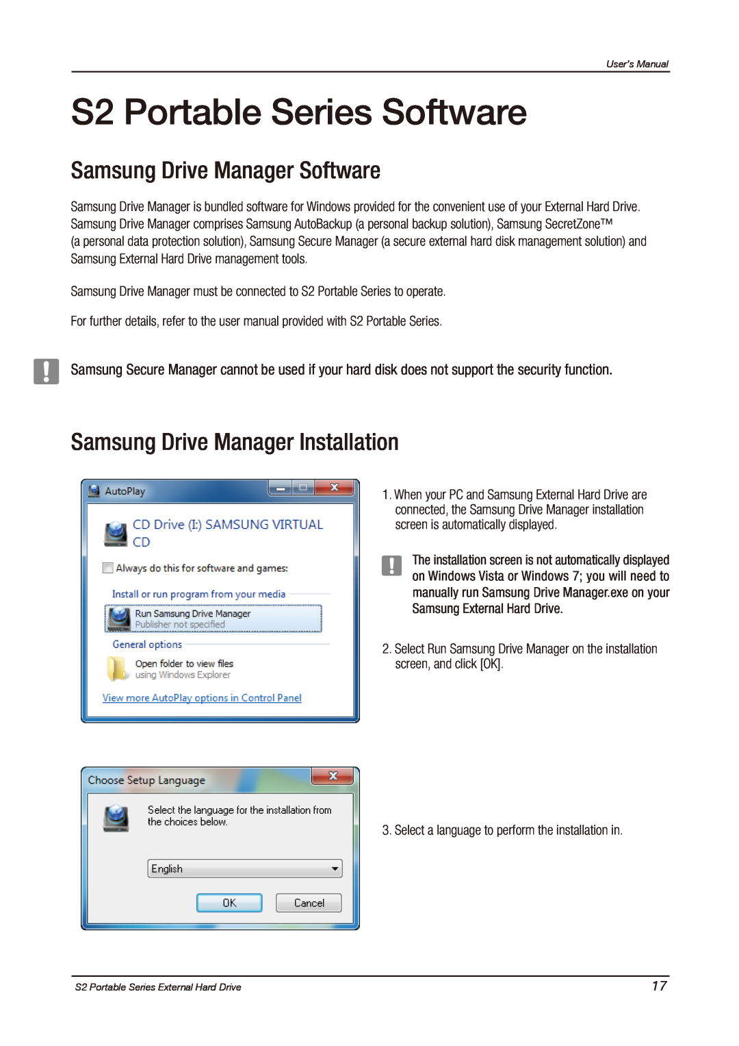 Samsung S2 PORTABLE 3.0 S2 Portable Series Software, Samsung Drive Manager Software, Samsung Drive Manager Installation 