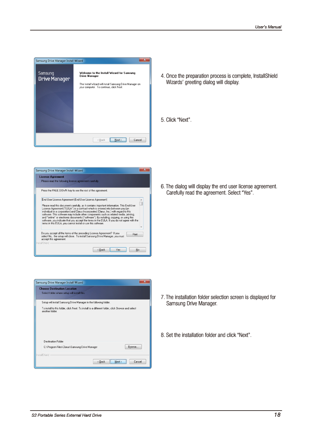 Samsung HXMU016DA, S2 PORTABLE 3.0 user manual Click “Next”, Set the installation folder and click “Next”, User’s Manual 