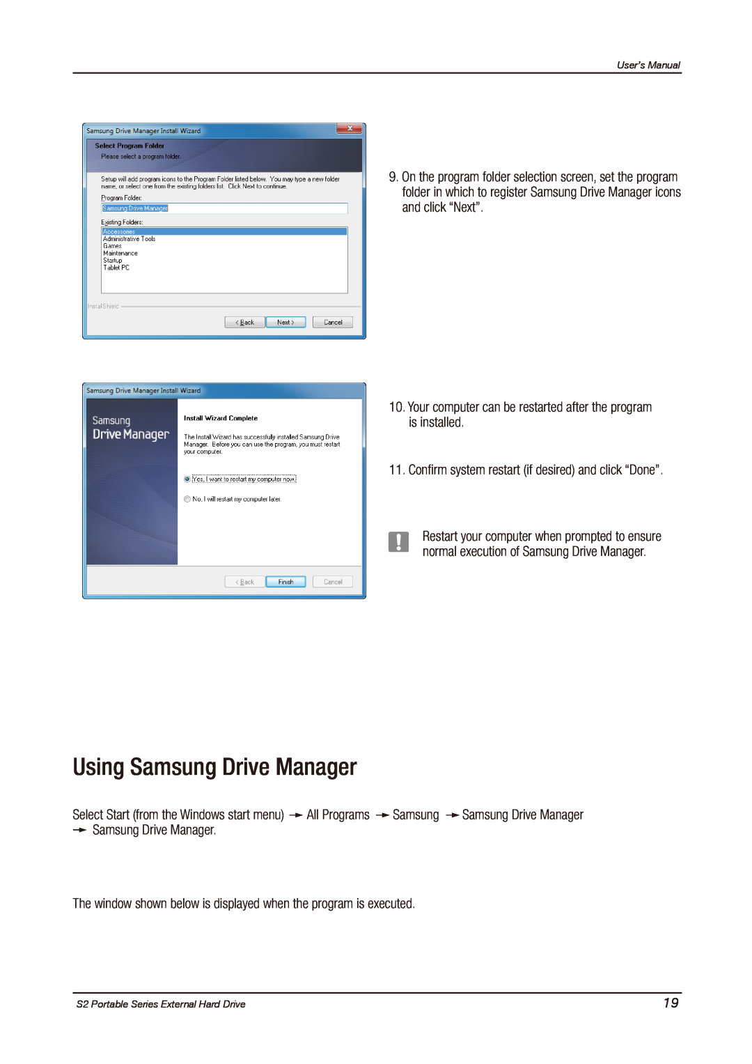 Samsung S2 PORTABLE 3.0, HXMU016DA user manual Using Samsung Drive Manager 