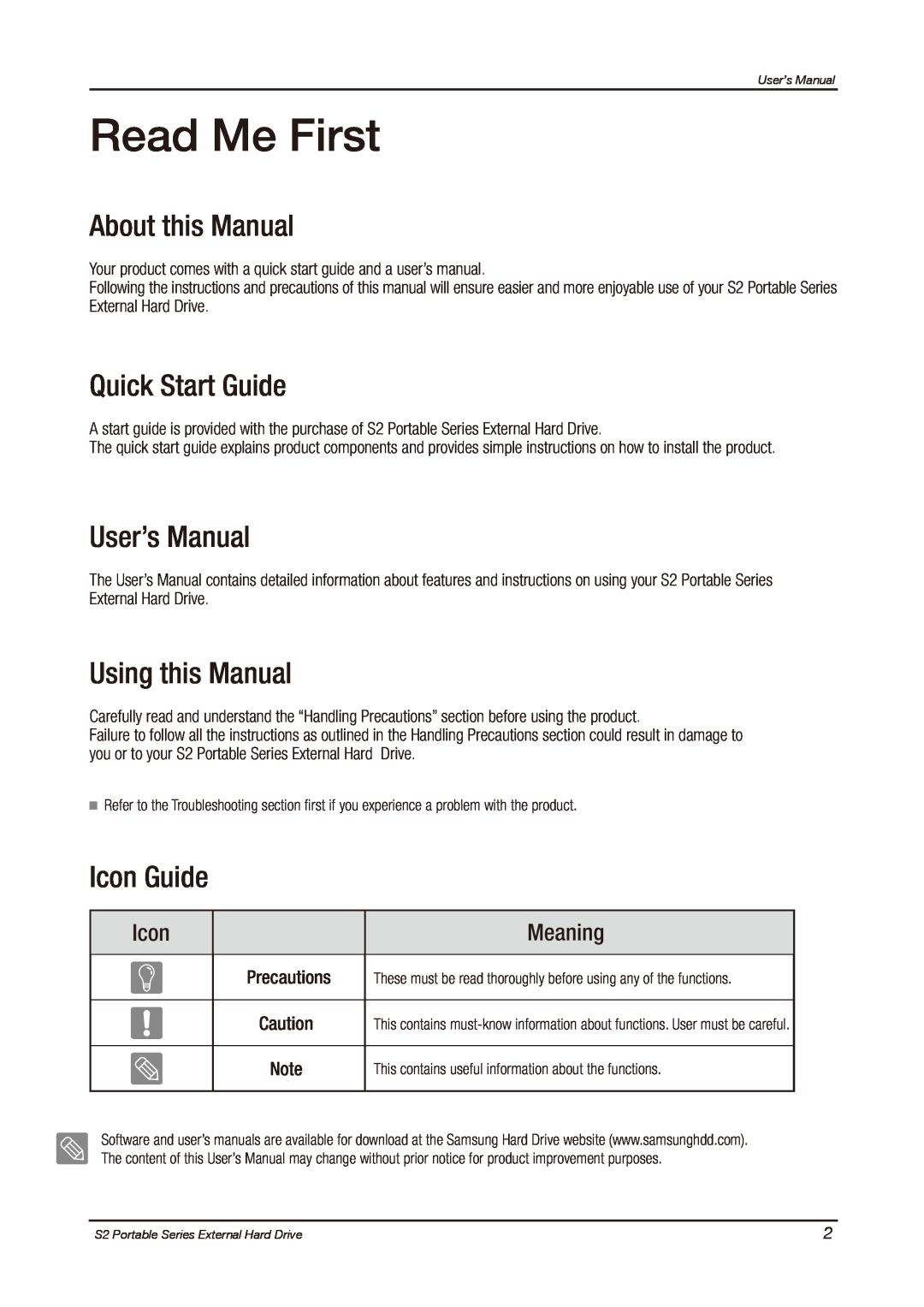Samsung HXMU016DA Read Me First, About this Manual, Quick Start Guide, User’s Manual, Using this Manual, Icon Guide 