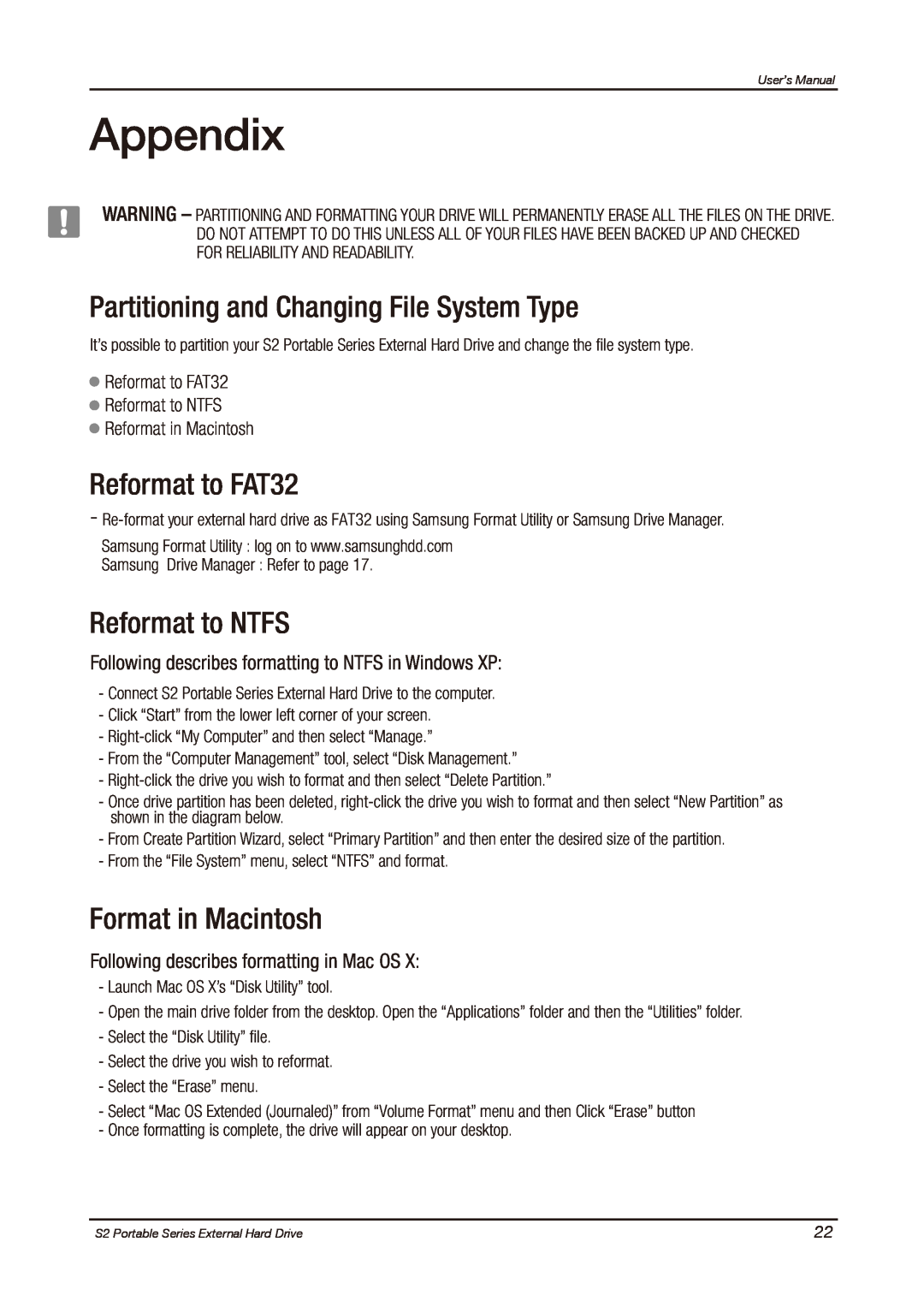 Samsung HXMU016DA user manual Appendix, Partitioning and Changing File System Type, Reformat to FAT32, Reformat to NTFS 