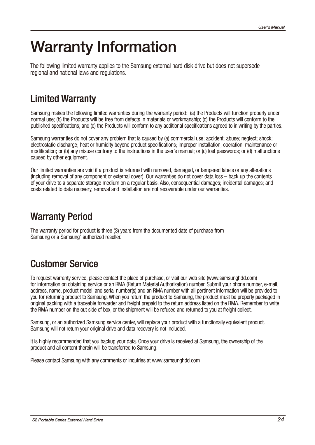 Samsung HXMU016DA, S2 PORTABLE 3.0 user manual Warranty Information, Limited Warranty, Warranty Period, Customer Service 