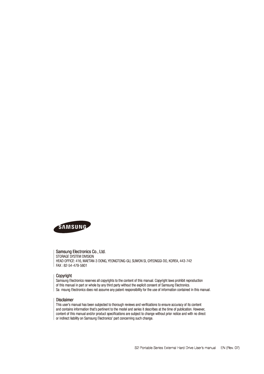 Samsung S2 PORTABLE 3.0, HXMU016DA user manual Copyright, Disclaimer, Storage System Division 