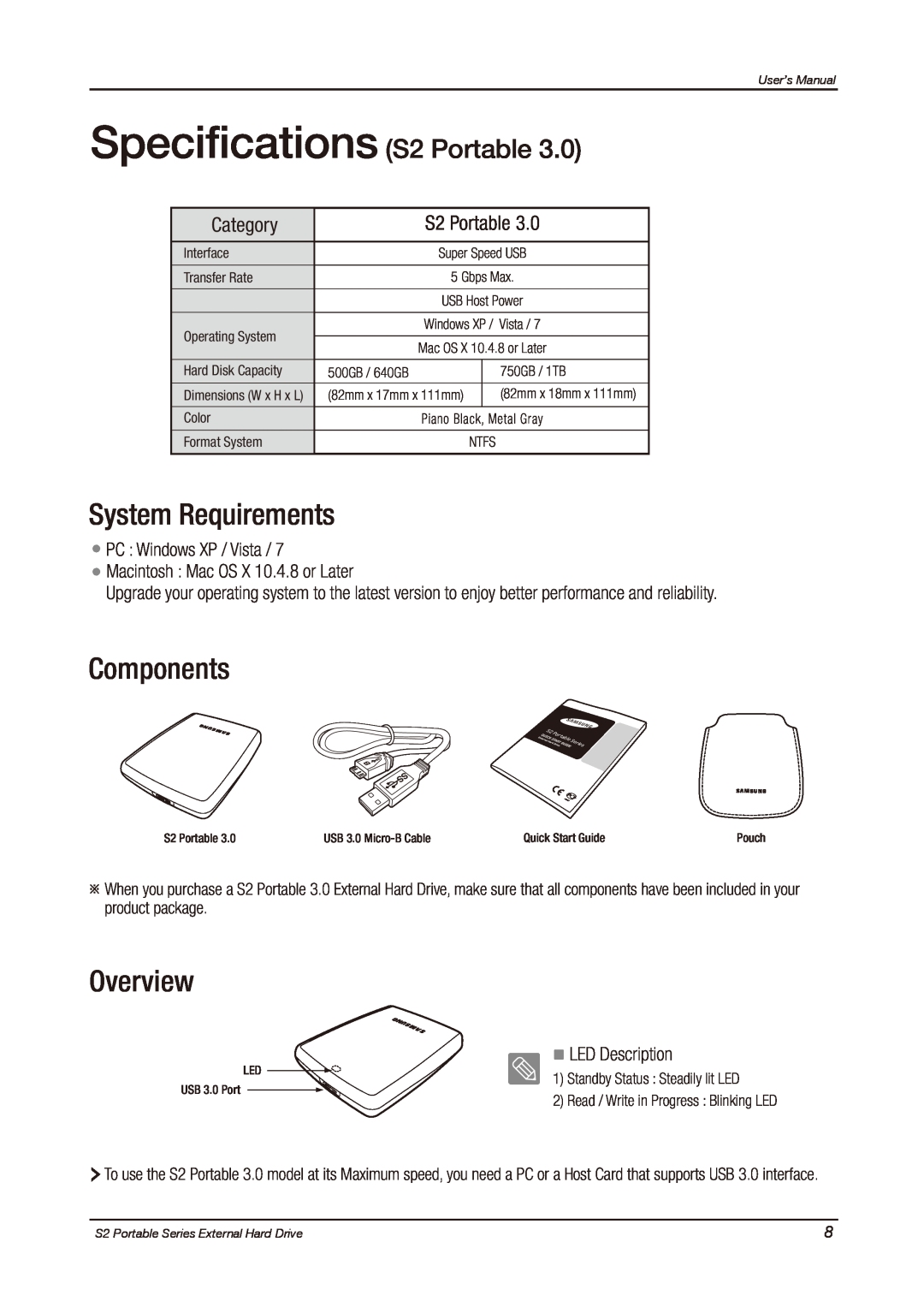 Samsung HXMU016DA System Requirements, Components, Overview, Specifications S2 Portable, Category, LED Description, Ntfs 