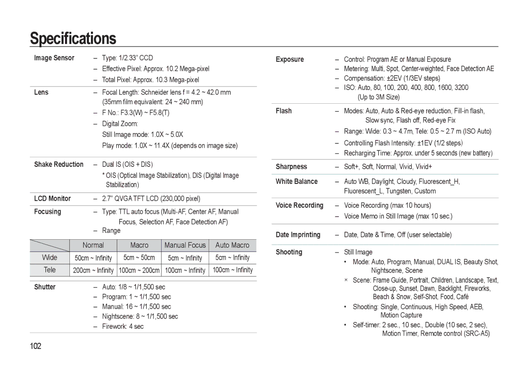 Samsung HZ10W manual Speciﬁcations, 102 