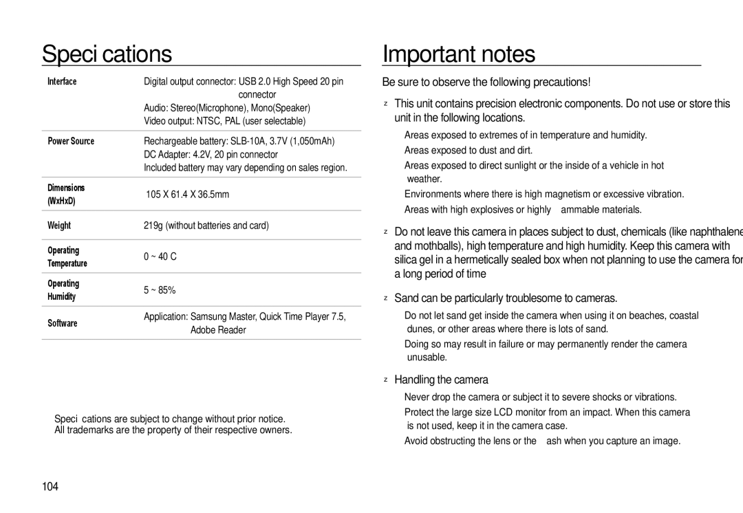 Samsung HZ10W manual Important notes, Be sure to observe the following precautions, Handling the camera, 104 