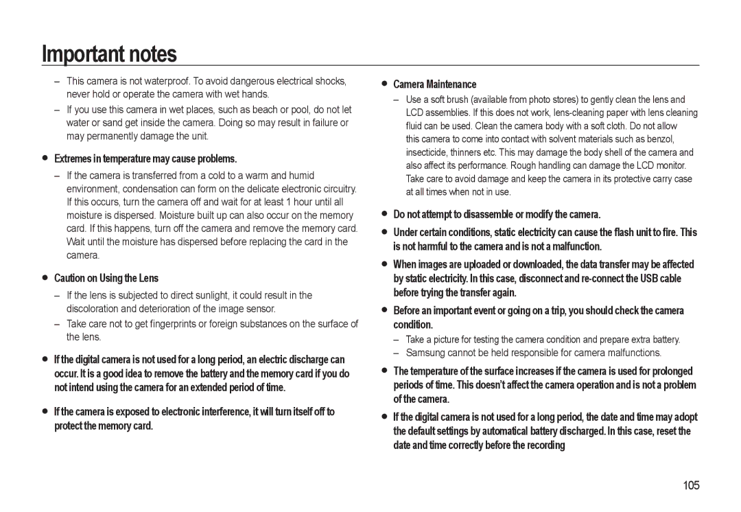 Samsung HZ10W manual Extremes in temperature may cause problems, Do not attempt to disassemble or modify the camera, 105 