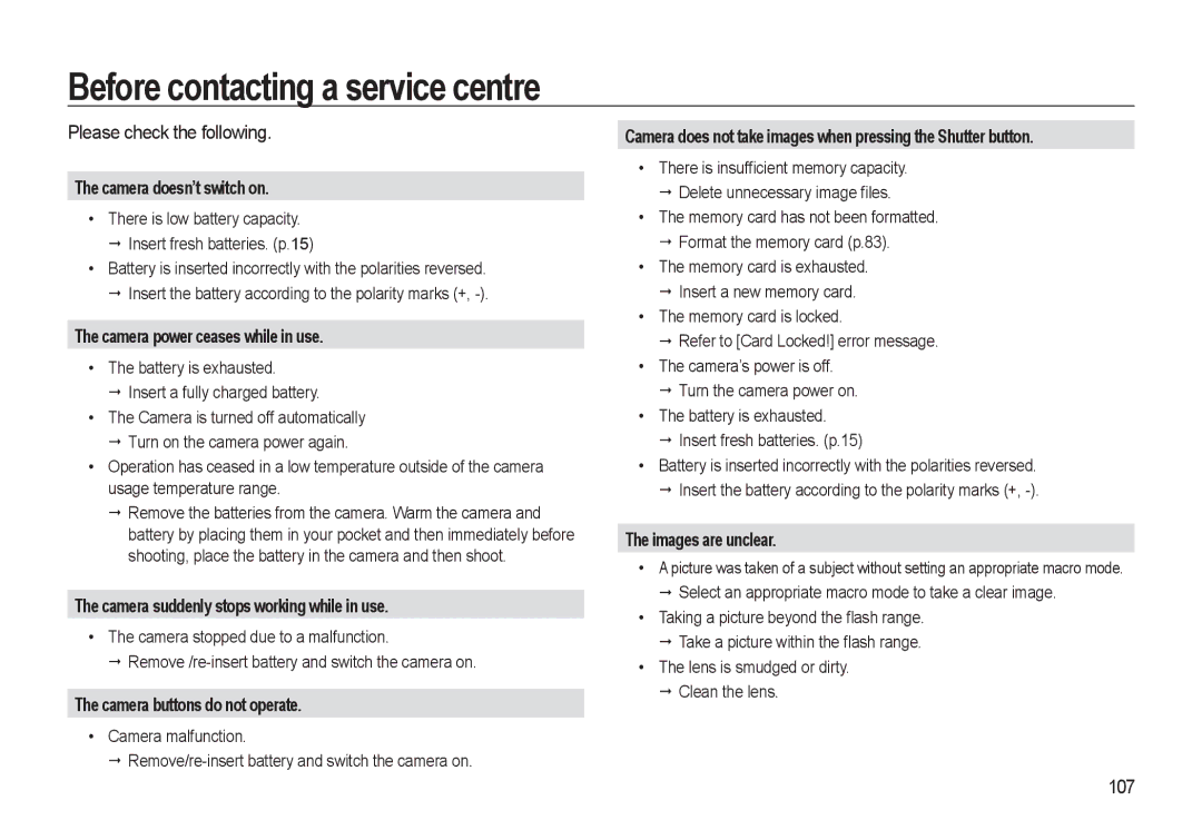 Samsung HZ10W manual Before contacting a service centre 