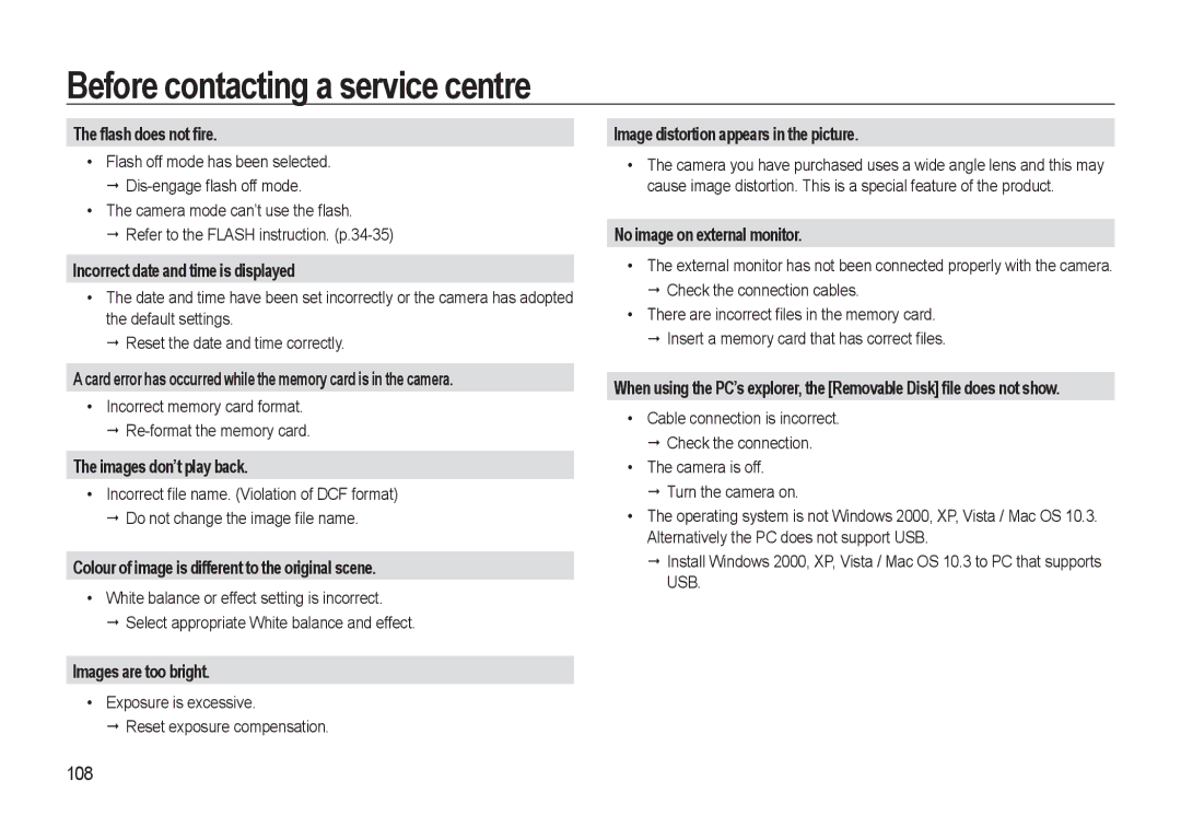Samsung HZ10W manual ﬂash does not ﬁre, Incorrect date and time is displayed, Images don’t play back, Images are too bright 