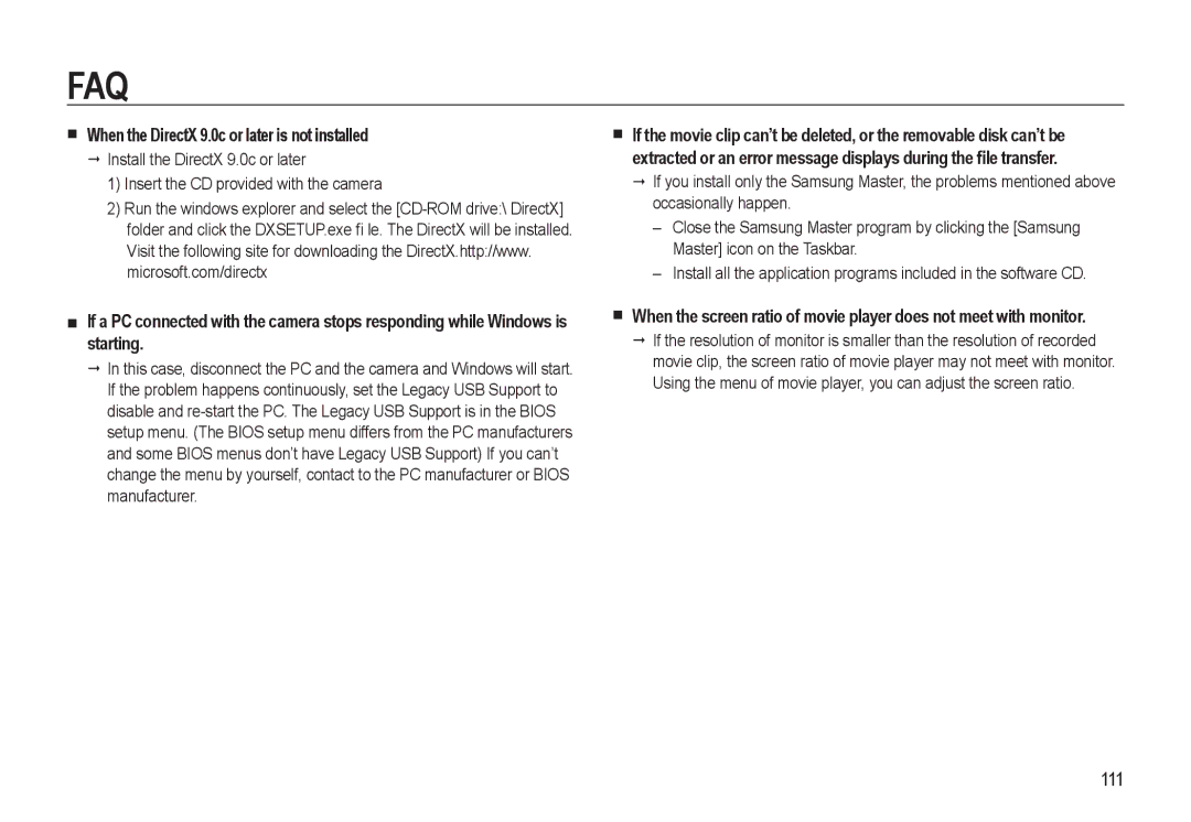 Samsung HZ10W manual When the DirectX 9.0c or later is not installed, 111 