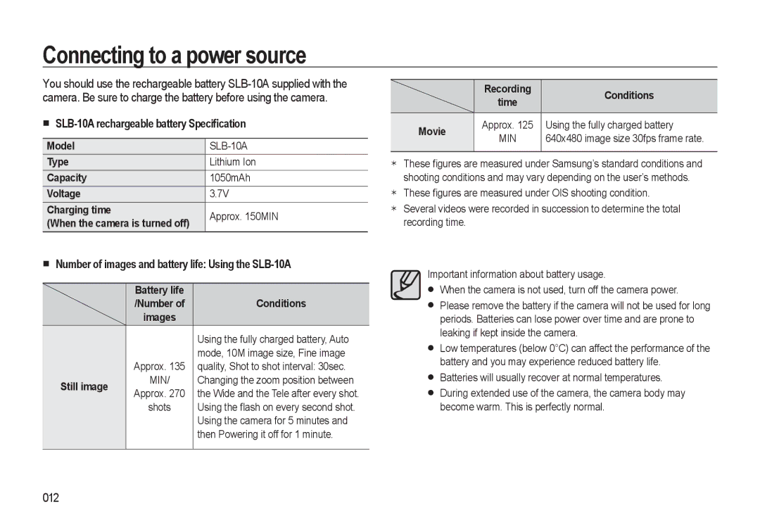 Samsung HZ10W manual Connecting to a power source, SLB-10A rechargeable battery Speciﬁcation, 012 