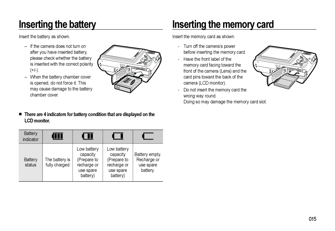 Samsung HZ10W manual Inserting the battery, Inserting the memory card, 015, Battery, Insert the memory card as shown 