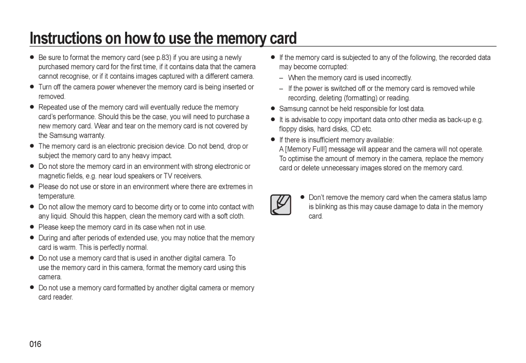 Samsung HZ10W manual Instructions on how to use the memory card, 016 