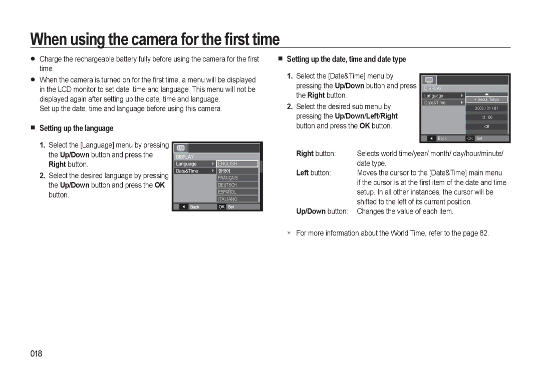 Samsung HZ10W manual When using the camera for the ﬁrst time, Setting up the language, 018, Up/Down button 