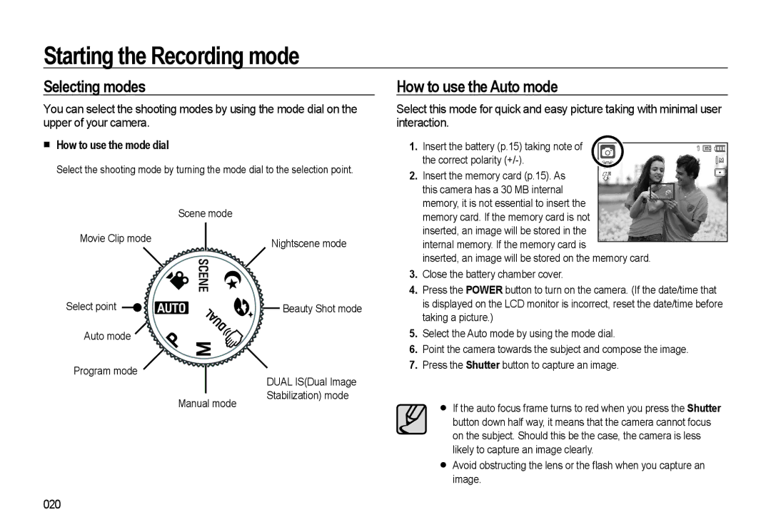 Samsung HZ10W manual Starting the Recording mode, Selecting modes, How to use the Auto mode, How to use the mode dial, 020 