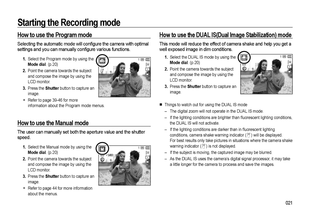 Samsung HZ10W manual How to use the Program mode, How to use the Manual mode, 021 