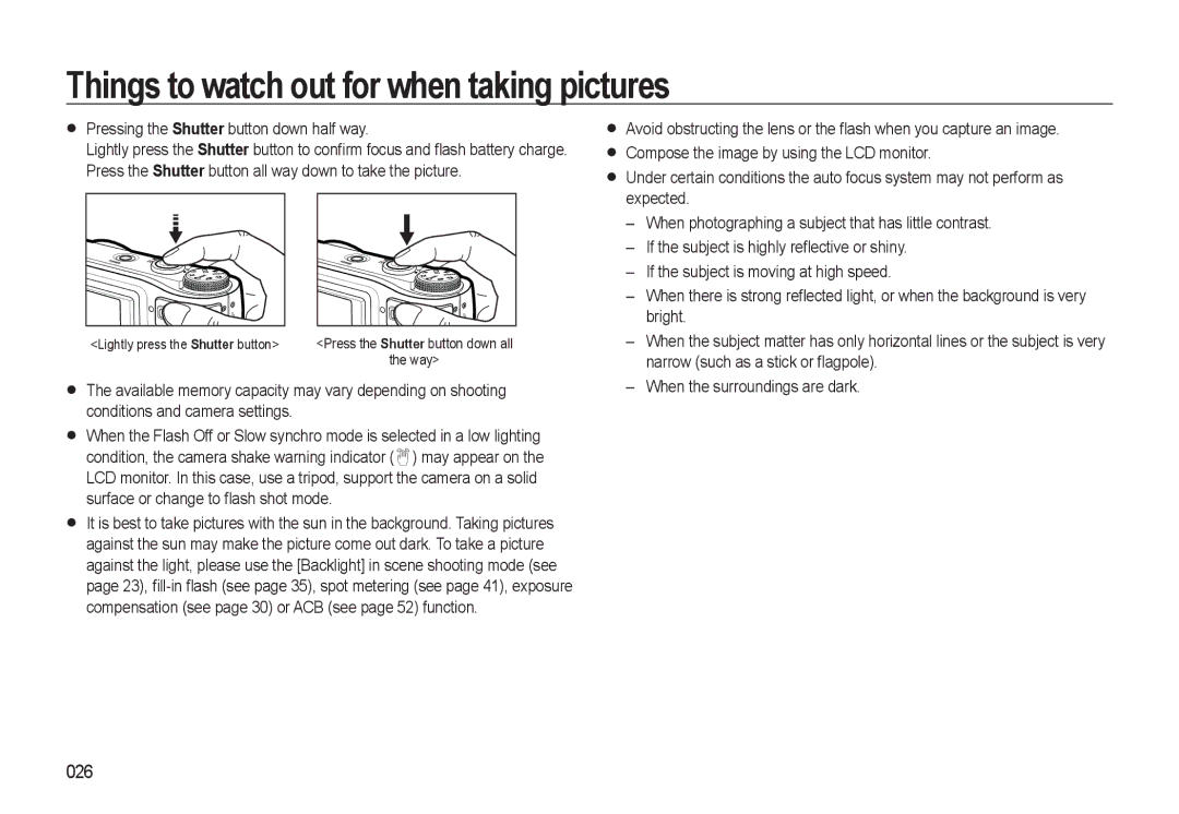 Samsung HZ10W manual Things to watch out for when taking pictures, 026, Pressing the Shutter button down half way 