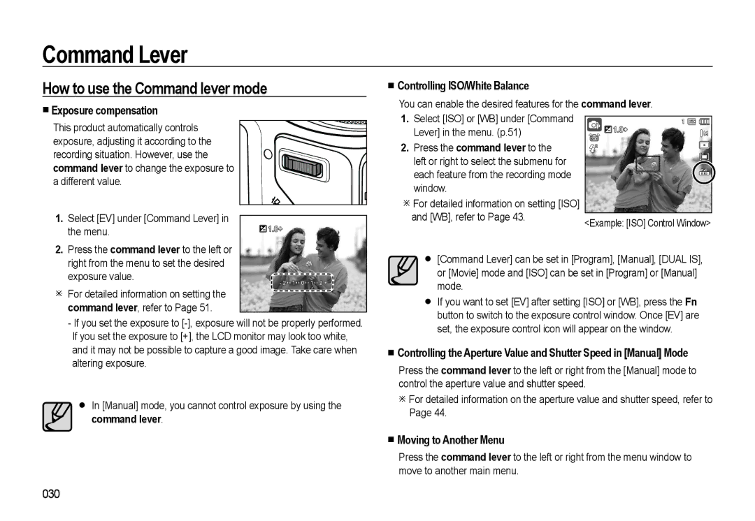 Samsung HZ10W manual Command Lever, How to use the Command lever mode, Exposure compensation, Controlling ISO/White Balance 