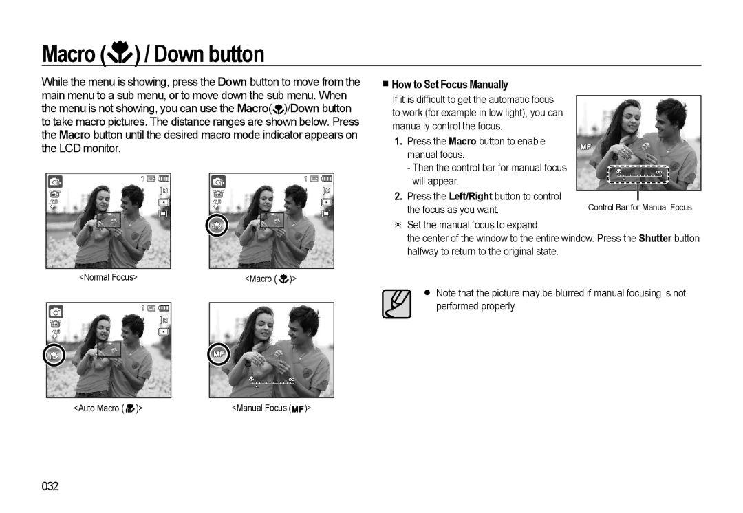 Samsung HZ10W manual Macro / Down button, How to Set Focus Manually, 032 