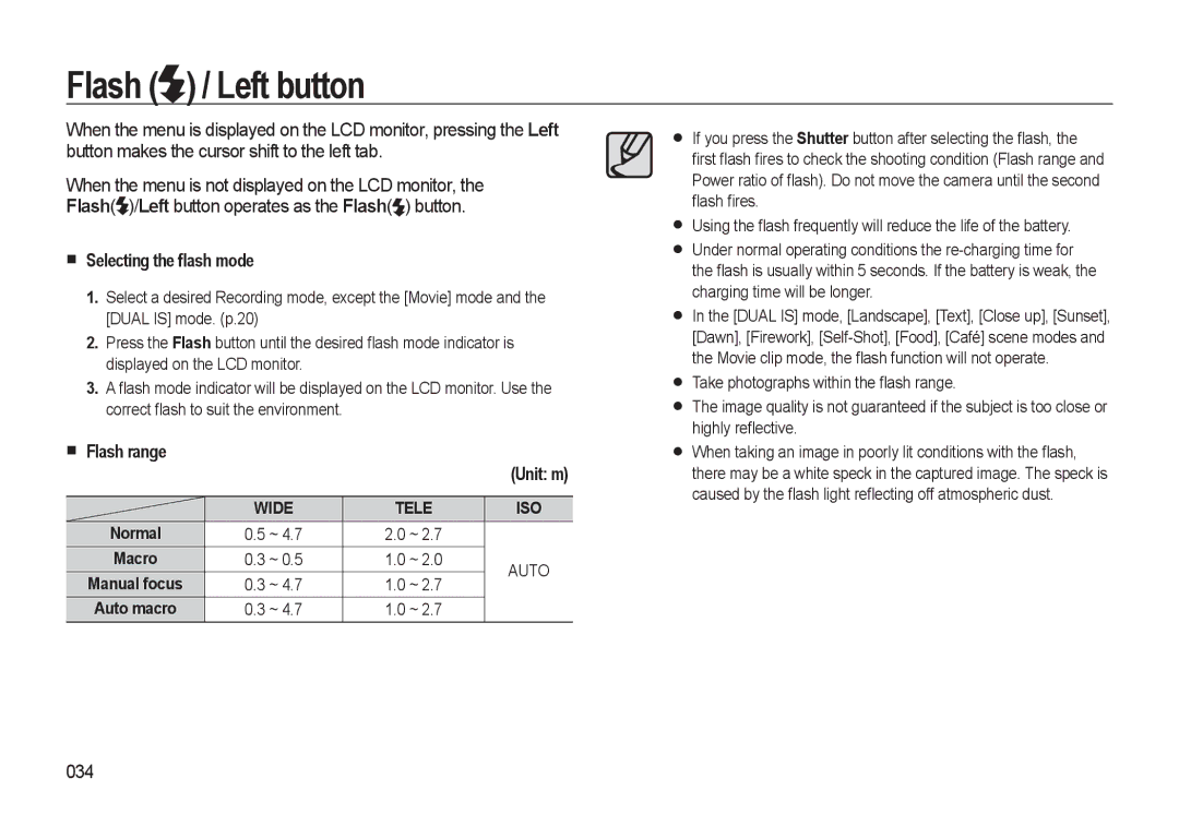 Samsung HZ10W manual Flash / Left button, Selecting the ﬂash mode, Flash range Unit m, 034 