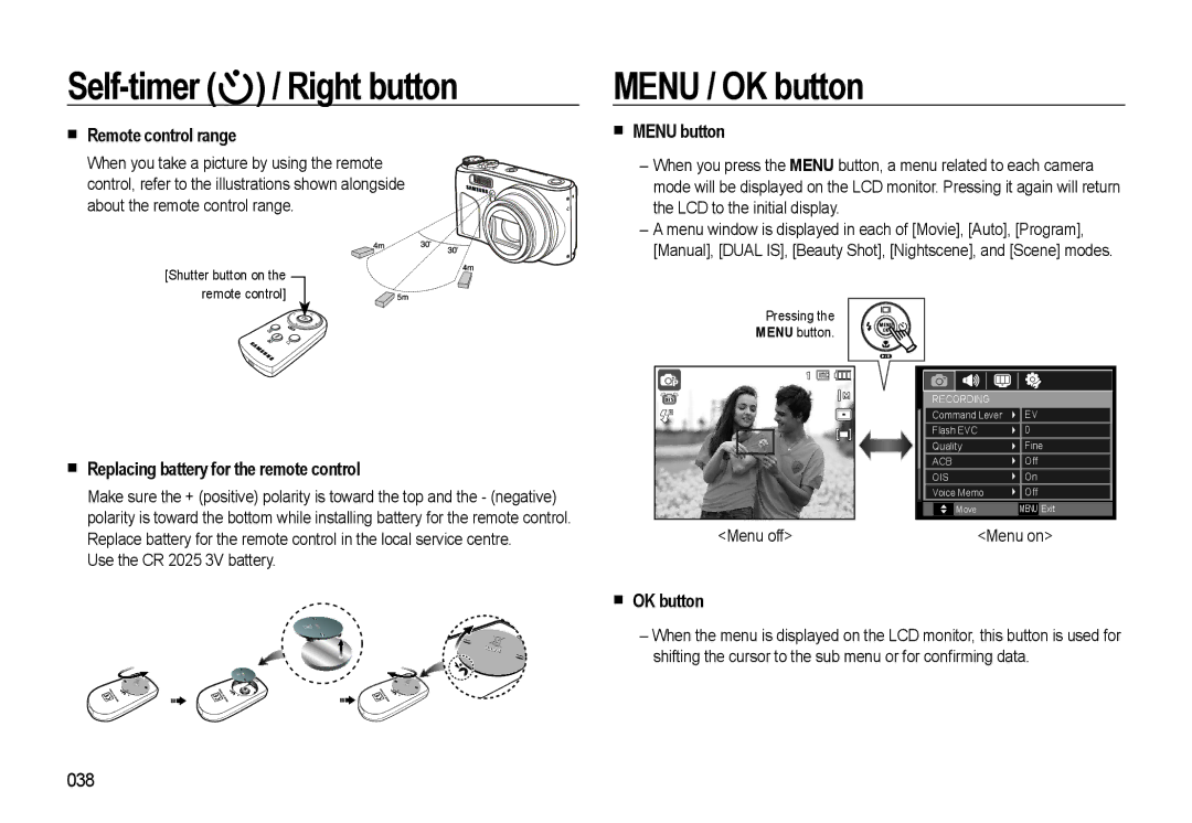 Samsung HZ10W manual Menu / OK button, Remote control range, Replacing battery for the remote control, Menu button 