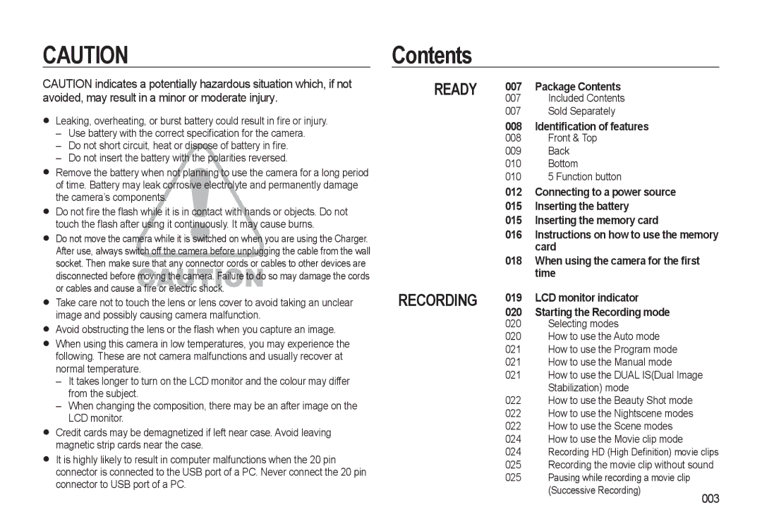 Samsung HZ10W manual Contents 