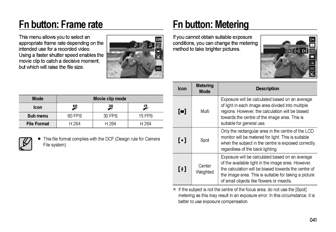 Samsung HZ10W manual Fn button Frame rate Fn button Metering, 041, Mode, Icon Metering Description 