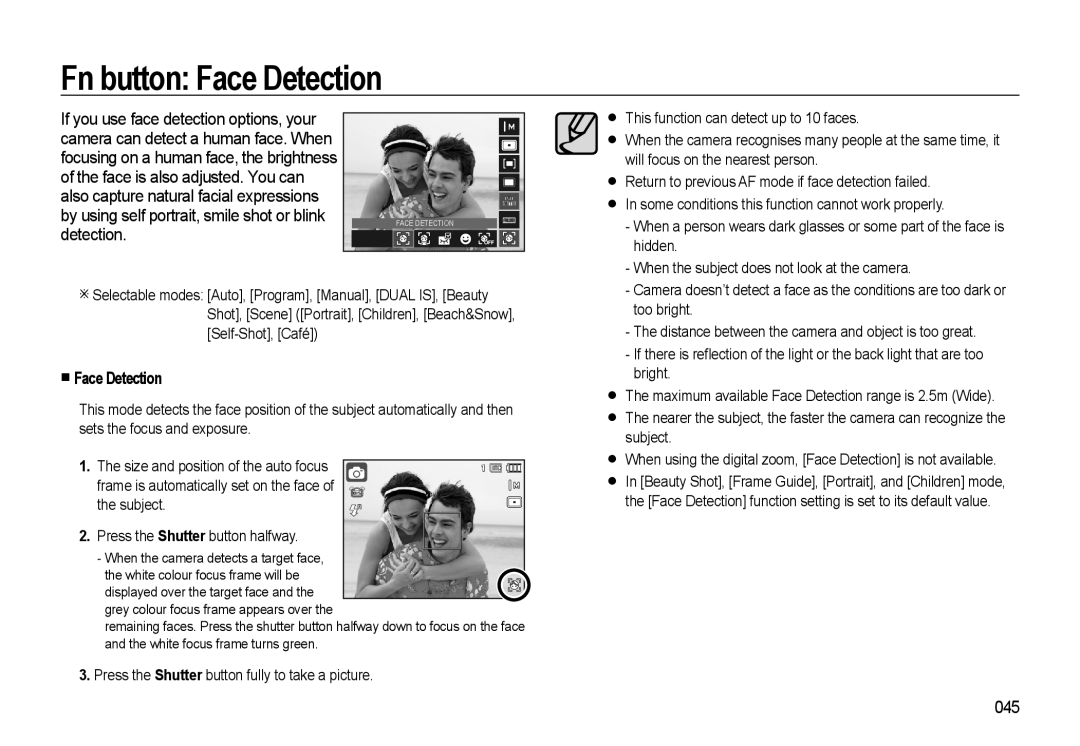 Samsung HZ10W manual Fn button Face Detection, 045 