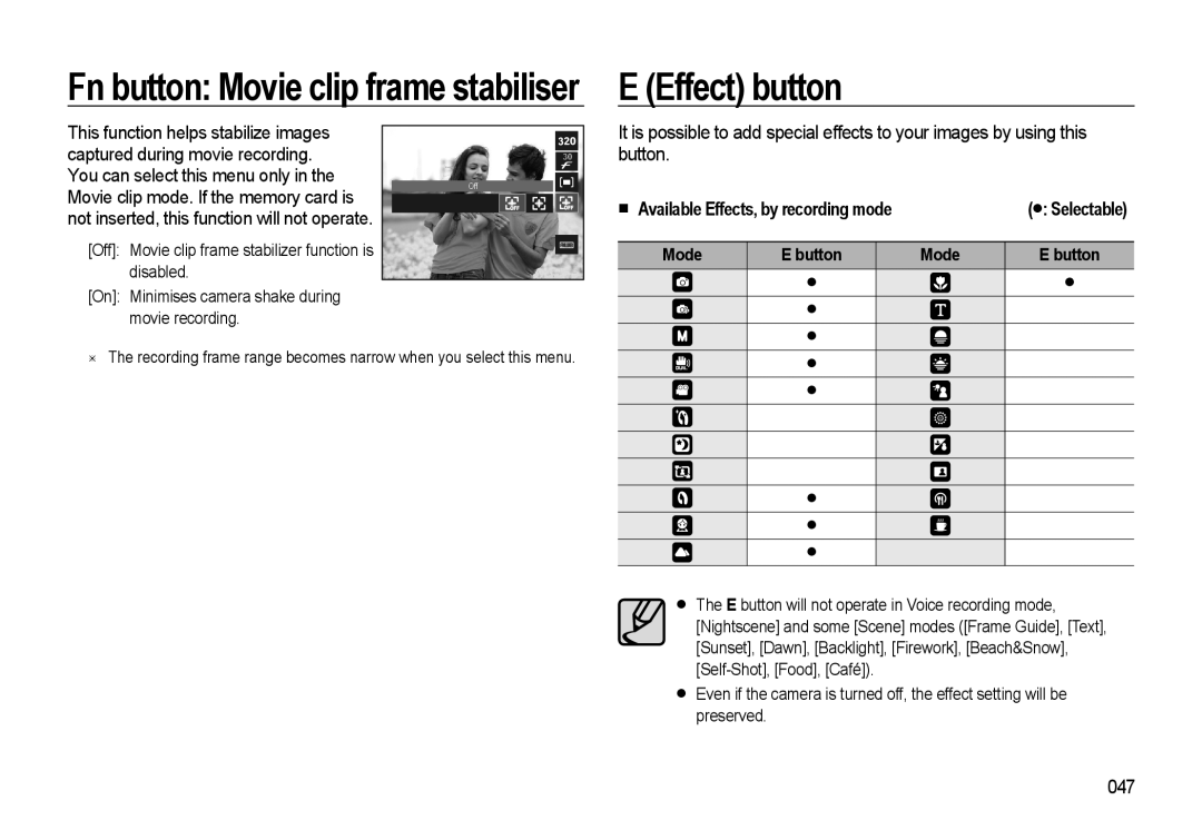 Samsung HZ10W manual Effect button, 047, Mode Button 