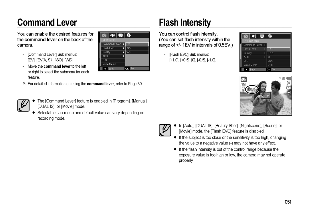 Samsung HZ10W manual Command Lever Flash Intensity, You can control ﬂash intensity, 051 