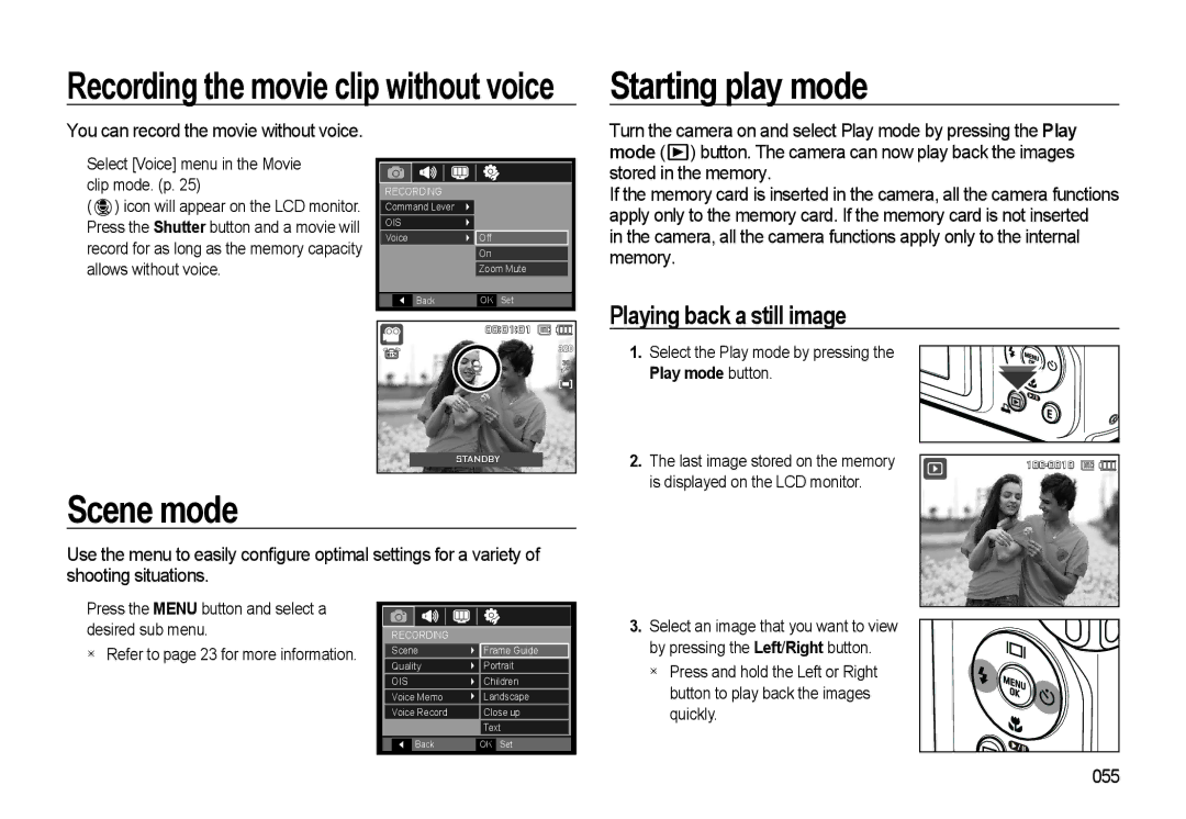 Samsung HZ10W manual Starting play mode, Scene mode, Playing back a still image, 055 